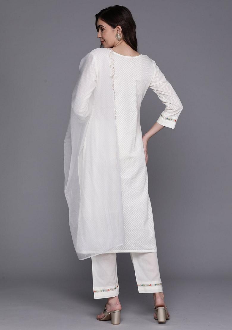 White Embroidered Pure Cotton Salwar Kameez With Dupatta