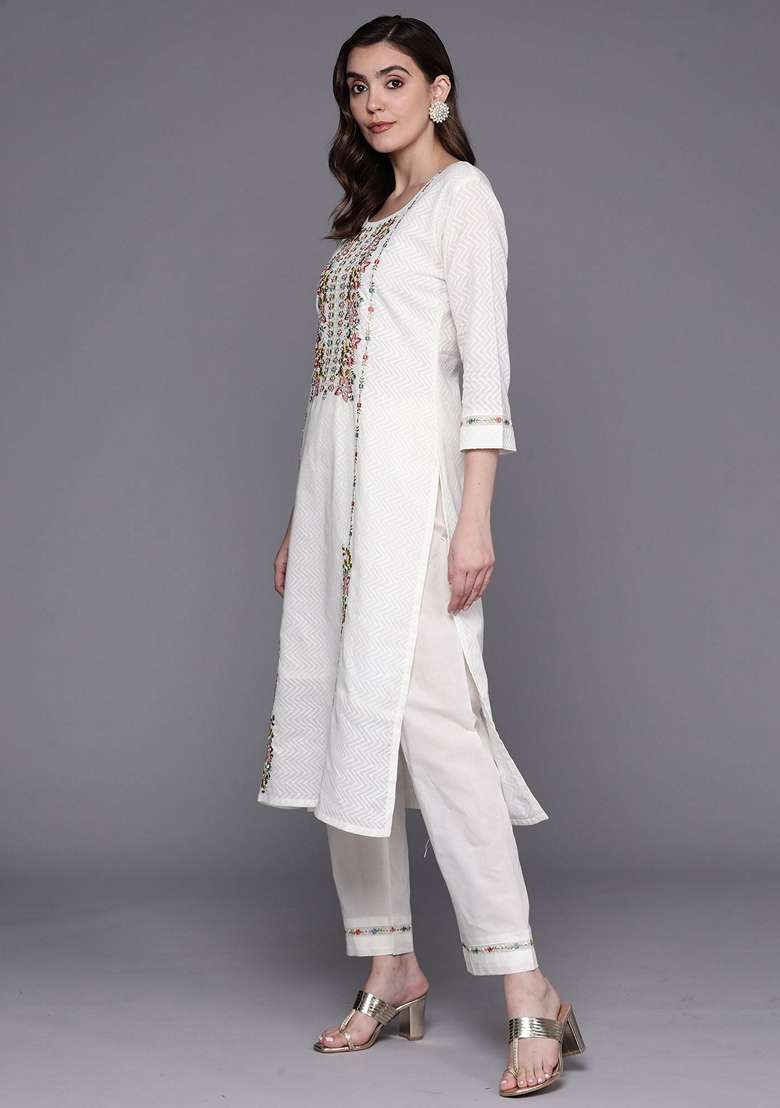 White Embroidered Cotton Straight Kurta Set - Indya