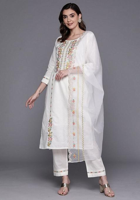 White Embroidered Pure Cotton Salwar Kameez With Dupatta