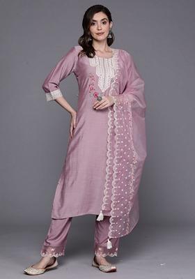 Lavender Embroidered Cotton Blend Salwar Kameez With Dupatta