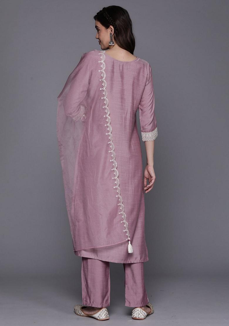 Lavender Embroidered Cotton Blend Salwar Kameez With Dupatta