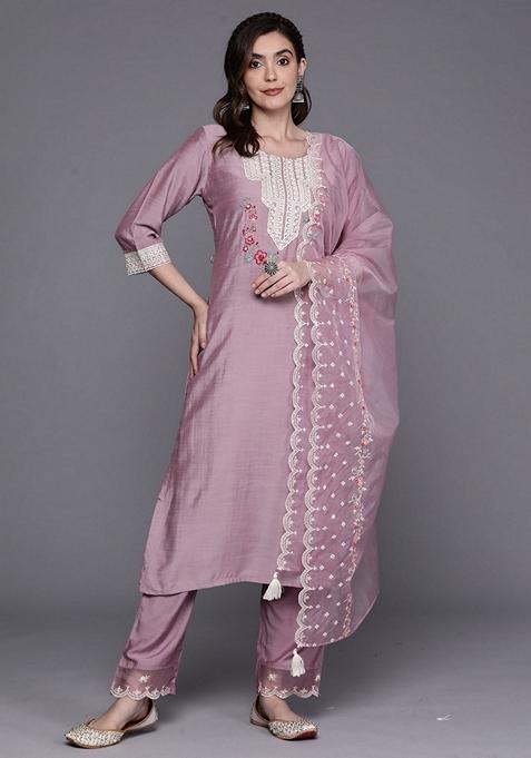 Lavender Embroidered Cotton Blend Salwar Kameez With Dupatta