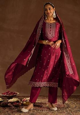 Maroon Embroidered Silk Blend Salwar Kameez With Dupatta