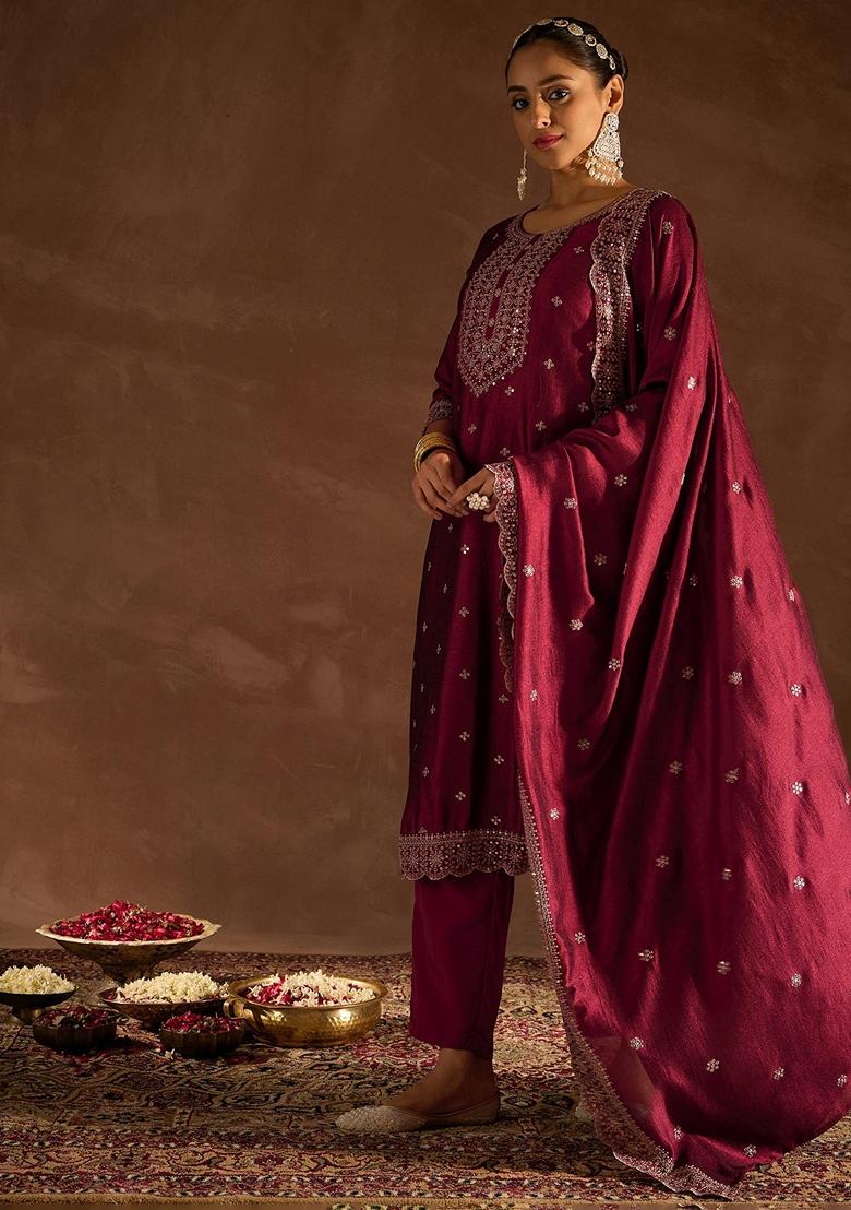 Maroon Embroidered Silk Blend Salwar Kameez With Dupatta