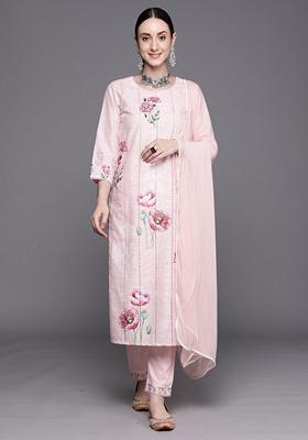 Pink Embroidered Pure Cotton Salwar Kameez With Dupatta