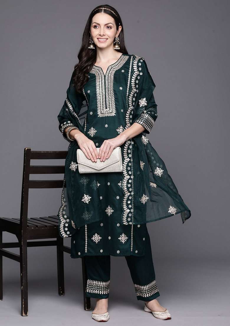 Green Embroidered Poly Silk Salwar Kameez With Dupatta - Indya