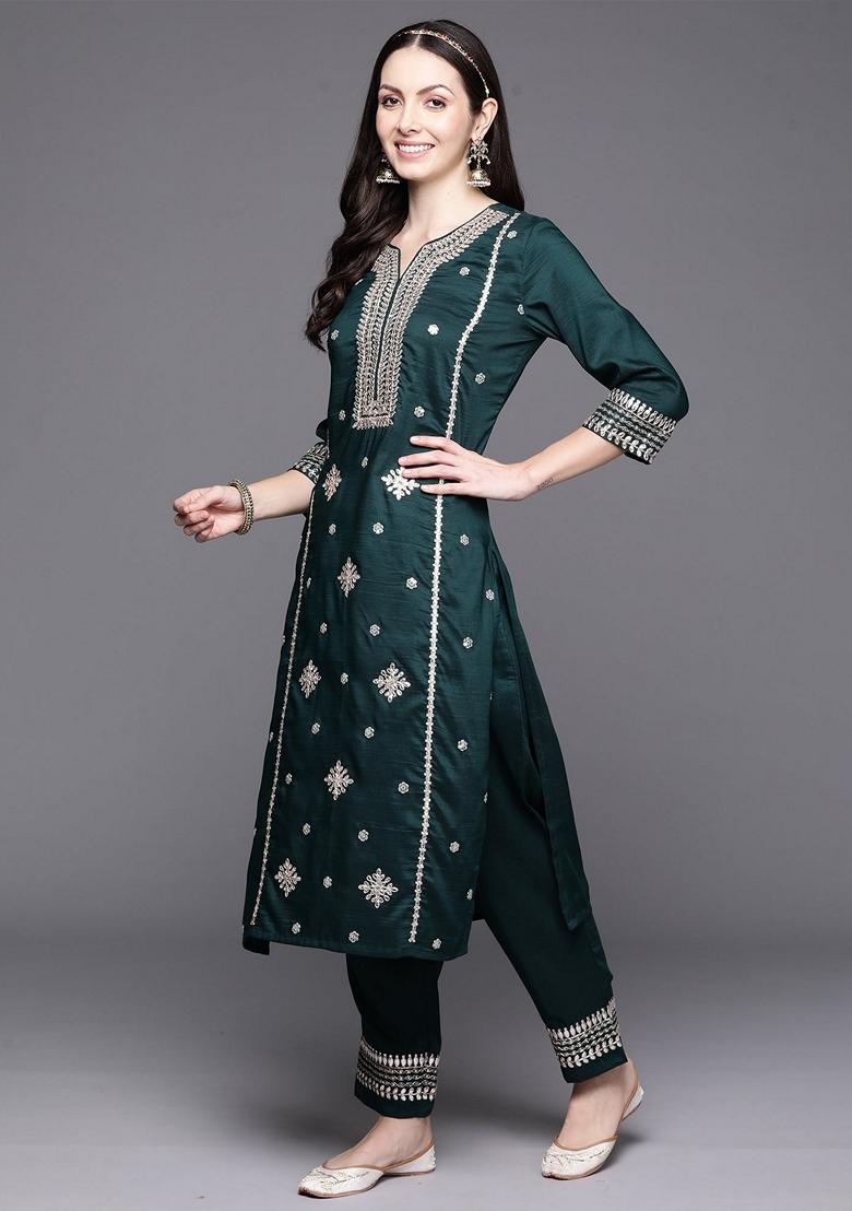 Green Embroidered Poly Silk Salwar Kameez With Dupatta