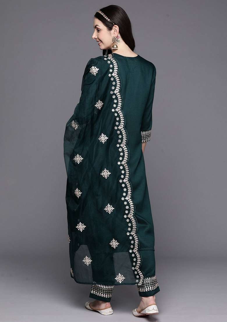 Green Embroidered Poly Silk Salwar Kameez With Dupatta - Indya