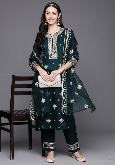 Green Embroidered Poly Silk Salwar Kameez With Dupatta
