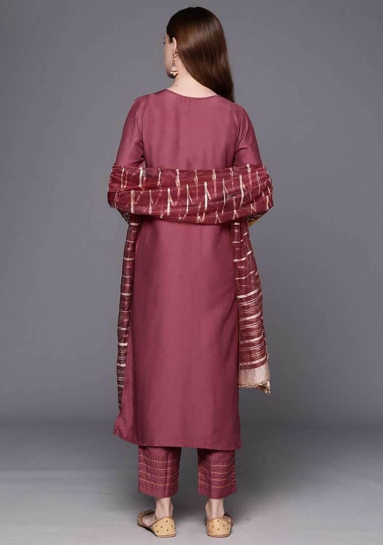 Mauve Embroidered Silk Blend Salwar Kameez With Dupatta - Indya