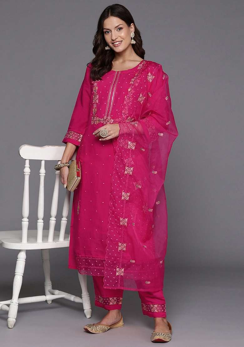 Pink Embroidered Silk Blend Salwar Kameez With Dupatta - Indya