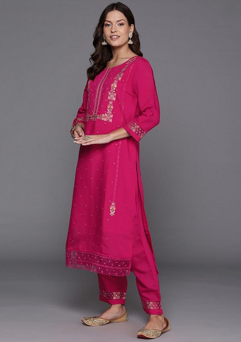 Pink Embroidered Silk Blend Salwar Kameez With Dupatta