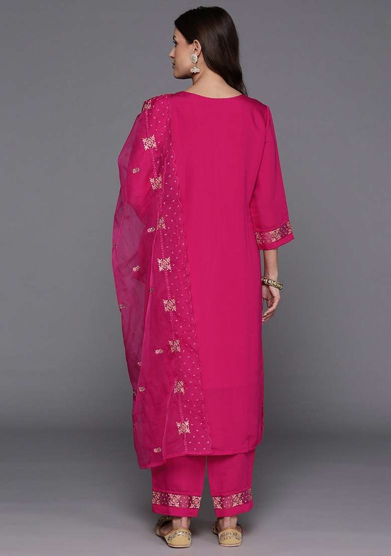 Pink Embroidered Silk Blend Salwar Kameez With Dupatta - Indya