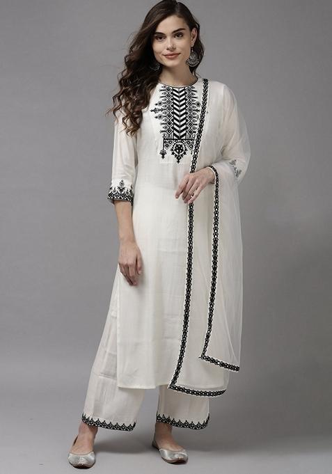 White Embroidered Cotton Blend Palazzo Set With Dupatta