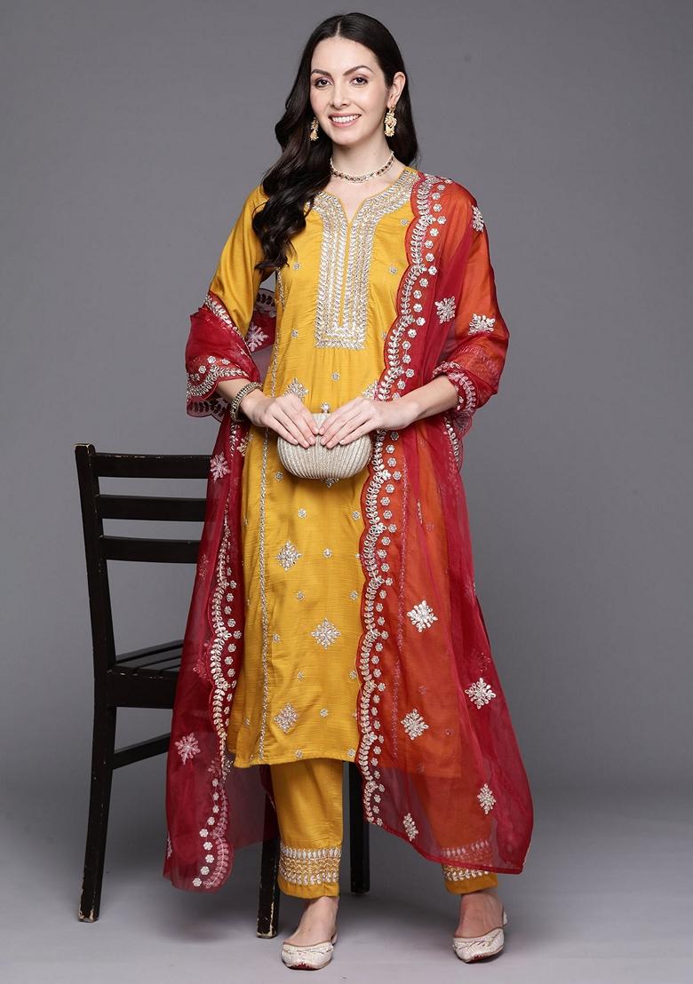 Mustard Yellow Embroidered Poly Silk Salwar Kameez With Dupatta