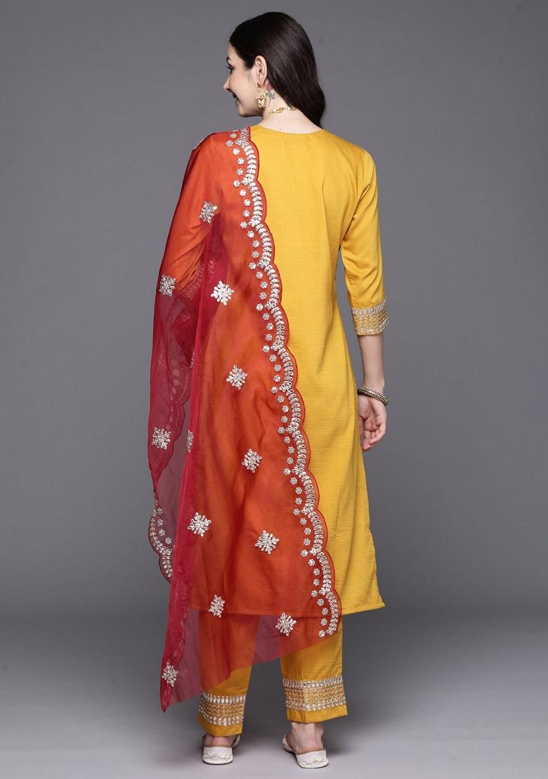 Mustard Yellow Embroidered Poly Silk Salwar Kameez With Dupatta