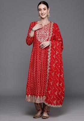 Red Printed Rayon Salwar Kameez With Dupatta