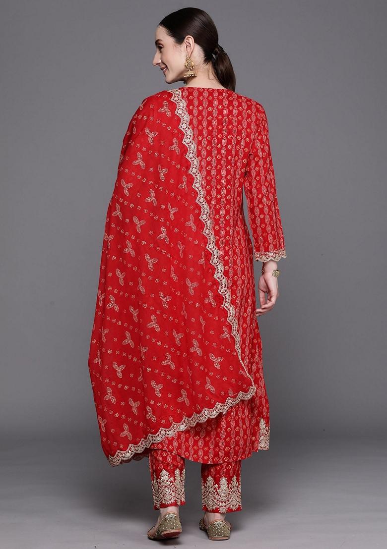 Red Printed Rayon Salwar Kameez With Dupatta