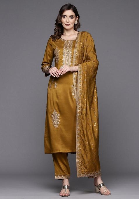 Mustard Yellow Embroidered Silk Blend Salwar Kameez With Dupatta