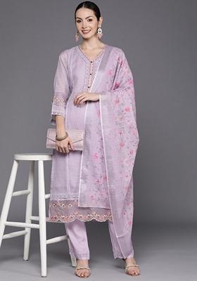 Lavender Embroidered Linen Salwar Kameez With Dupatta