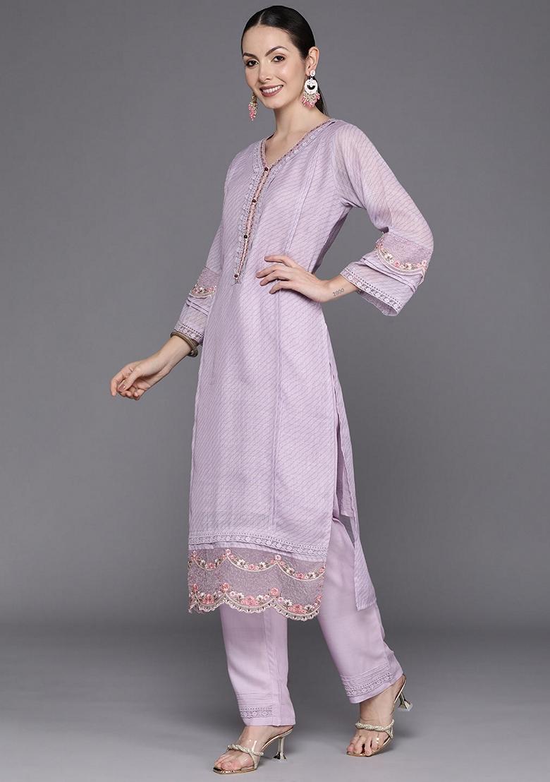 Lavender Embroidered Linen Salwar Kameez With Dupatta