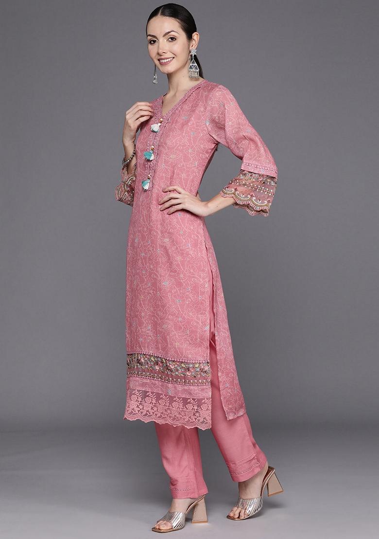 Peach Embroidered Linen Salwar Kameez With Dupatta