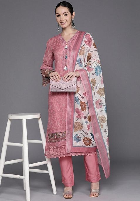 Peach Embroidered Linen Salwar Kameez With Dupatta