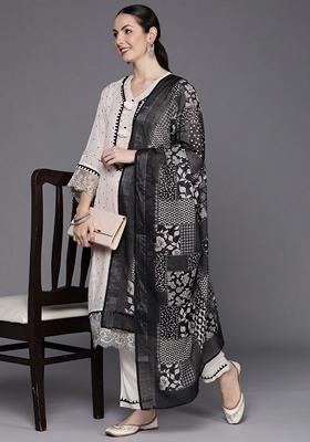 Cream Embroidered Linen Salwar Kameez With Dupatta