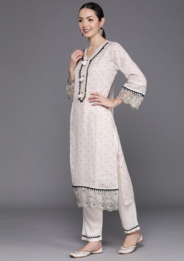 Cream Embroidered Linen Salwar Kameez With Dupatta