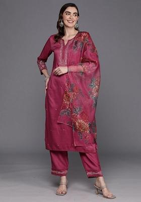 Pink Embroidered Rayon Salwar Kameez With Dupatta