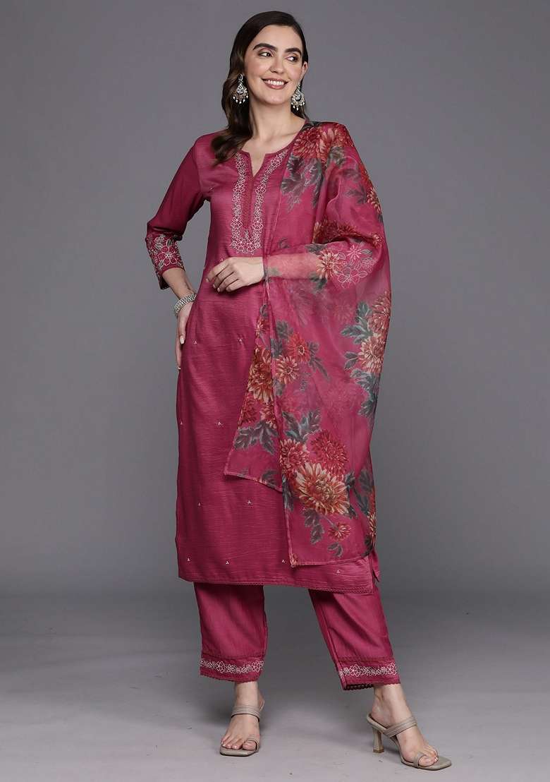 Pink Embroidered Rayon Straight Kurta Set - Indya