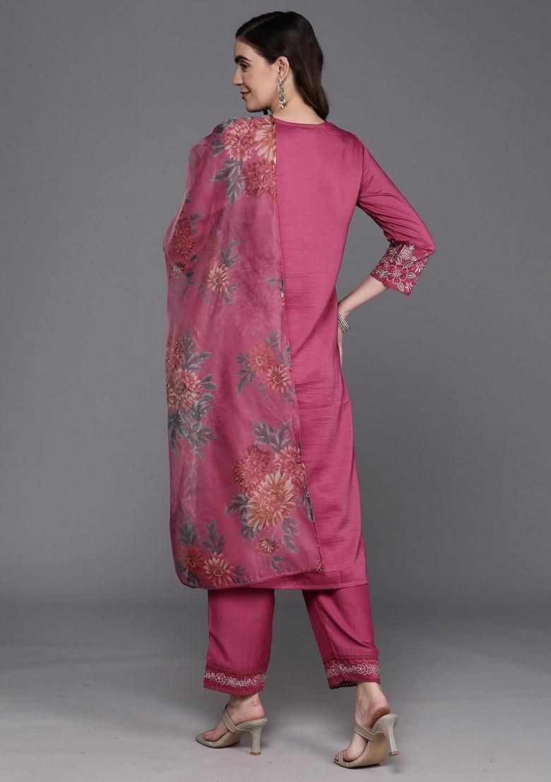 Pink Embroidered Rayon Salwar Kameez With Dupatta