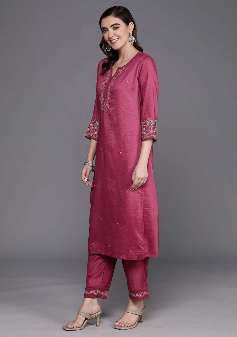 Pink Embroidered Rayon Straight Kurta Set - Indya