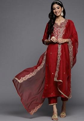 Red Embroidered Liva Palazzo Set With Dupatta