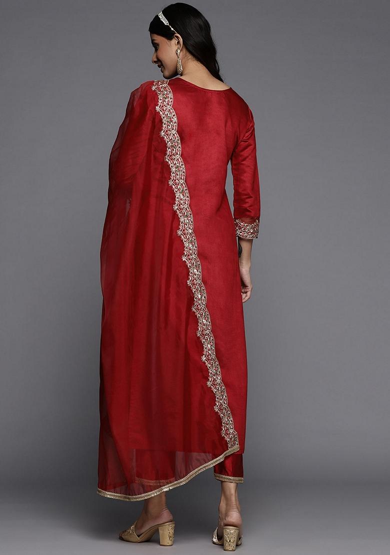 Red Embroidered Liva Palazzo Set With Dupatta