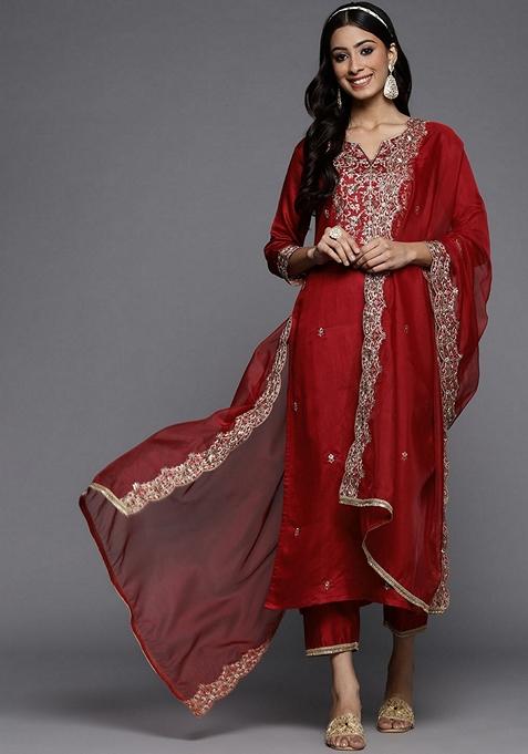 Red Embroidered Liva Palazzo Set With Dupatta