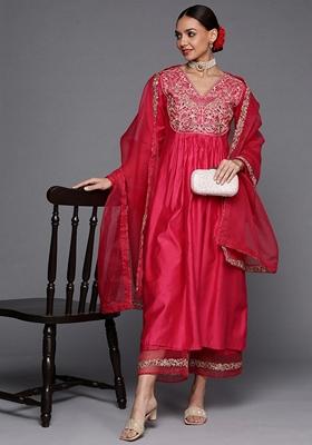Pink Embroidered Silk Blend Palazzo Set With Dupatta