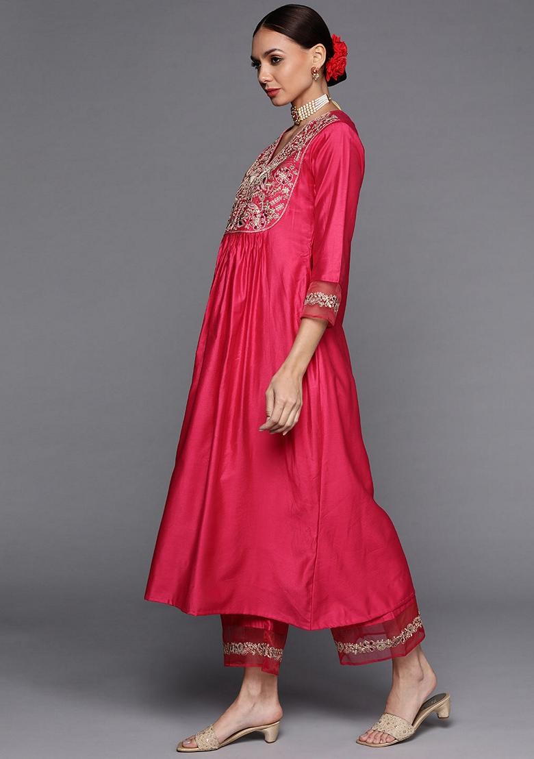 Pink Embroidered Silk Blend Palazzo Set With Dupatta