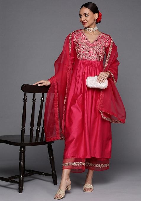 Pink Embroidered Silk Blend Palazzo Set With Dupatta