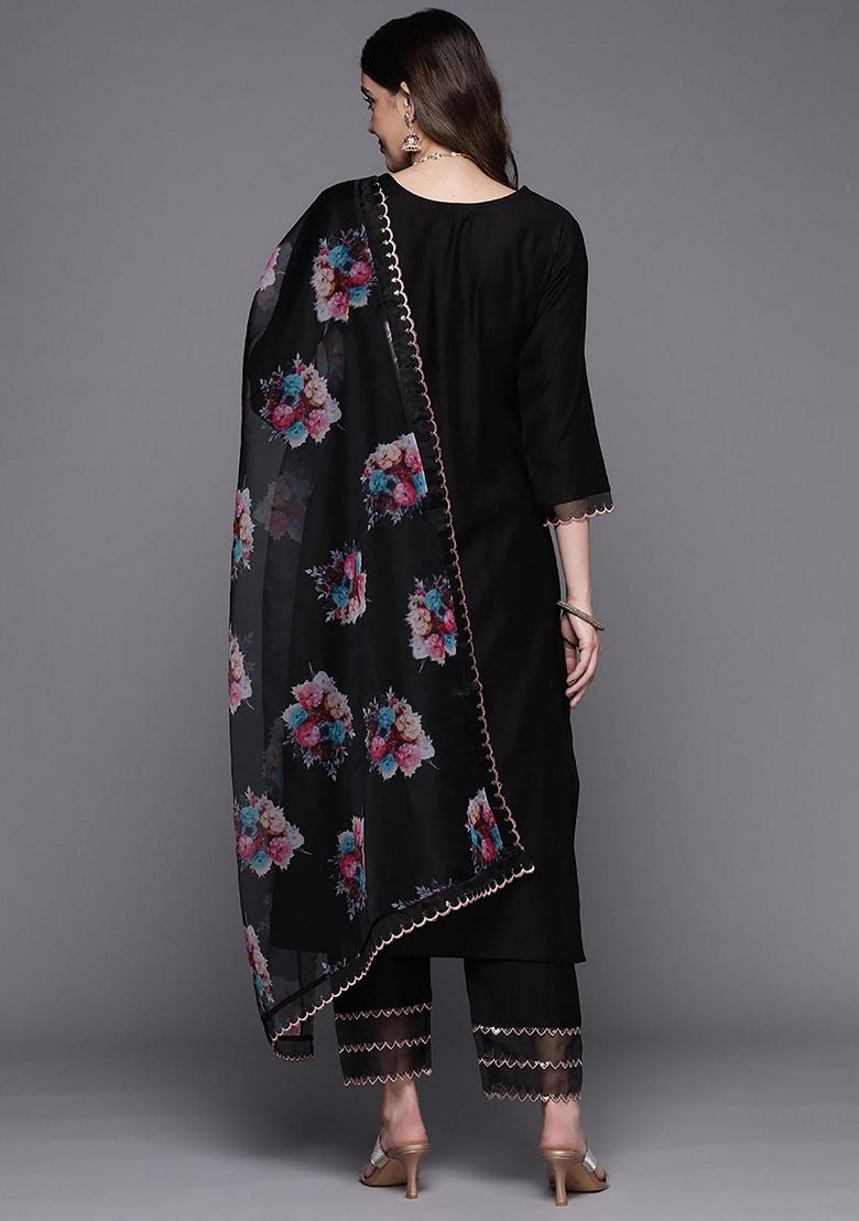Black Embroidered Liva Salwar Kameez With Dupatta