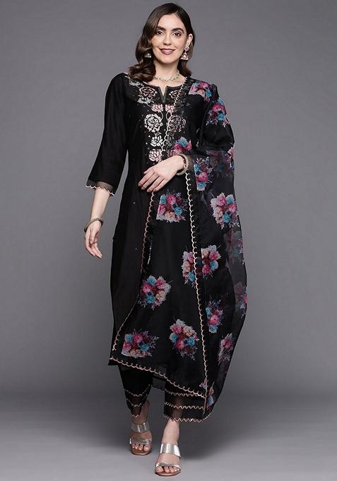 Black Embroidered Liva Salwar Kameez With Dupatta