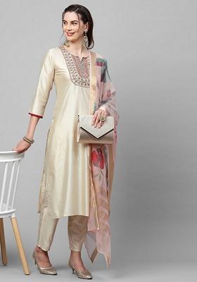 Beige Embroidered Liva Salwar Kameez With Dupatta