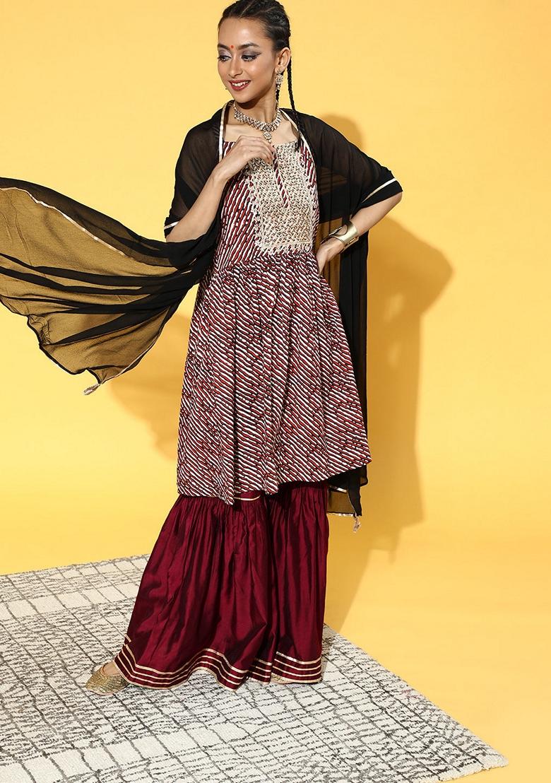 Maroon Printed Satin Sharara Set With Dupatta