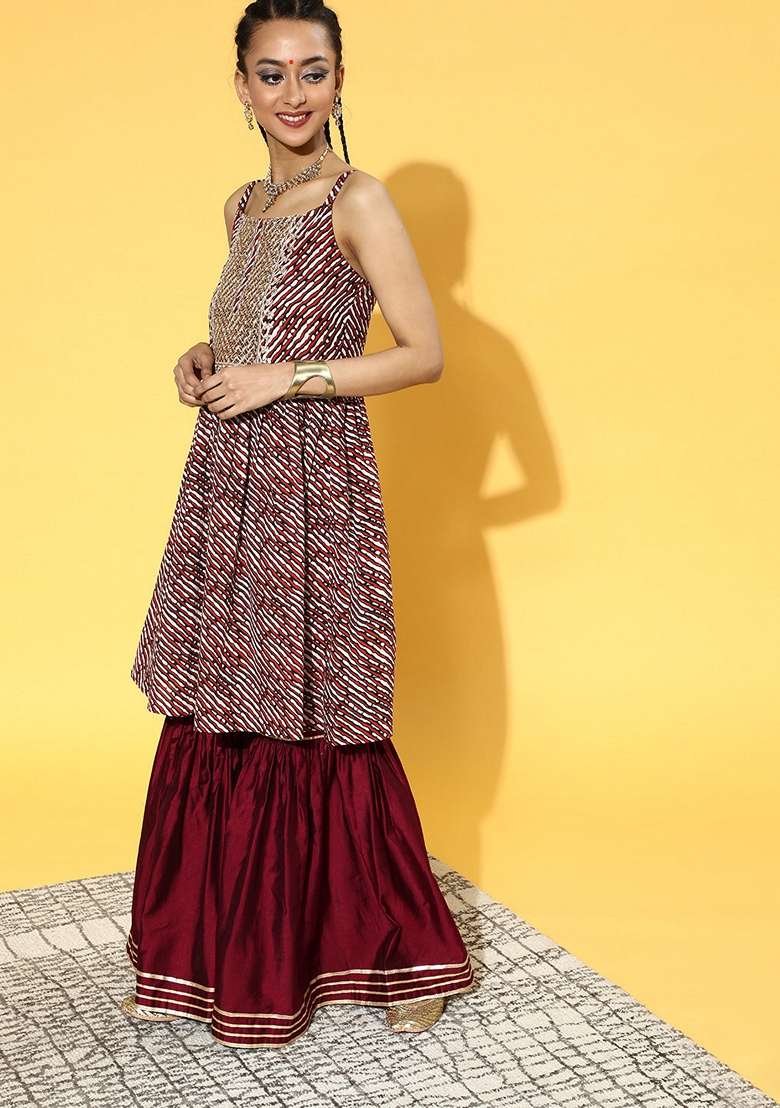 Maroon Printed Satin Sharara Set - Indya