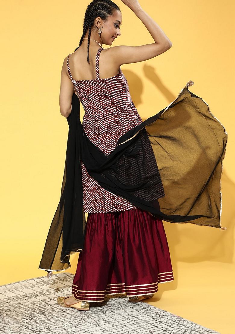 Maroon Printed Satin Sharara Set With Dupatta