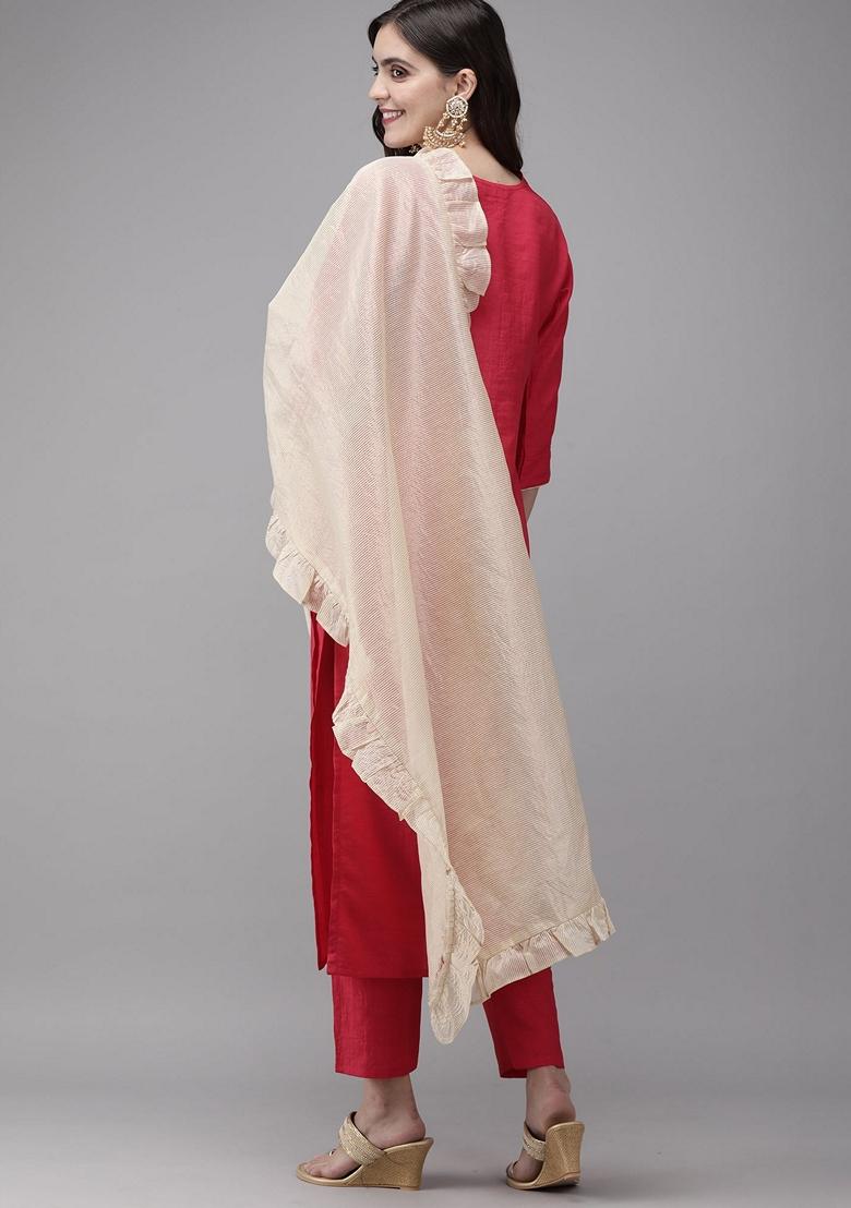 Pink Embroidered Polyester Salwar Kameez With Dupatta