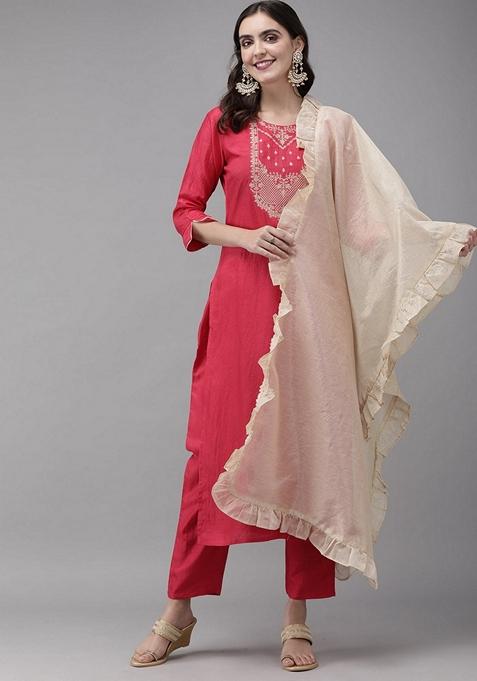 Pink Embroidered Polyester Straight Kurta Set — view on Indya