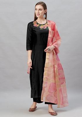 Black Embroidered Liva Palazzo Set With Dupatta