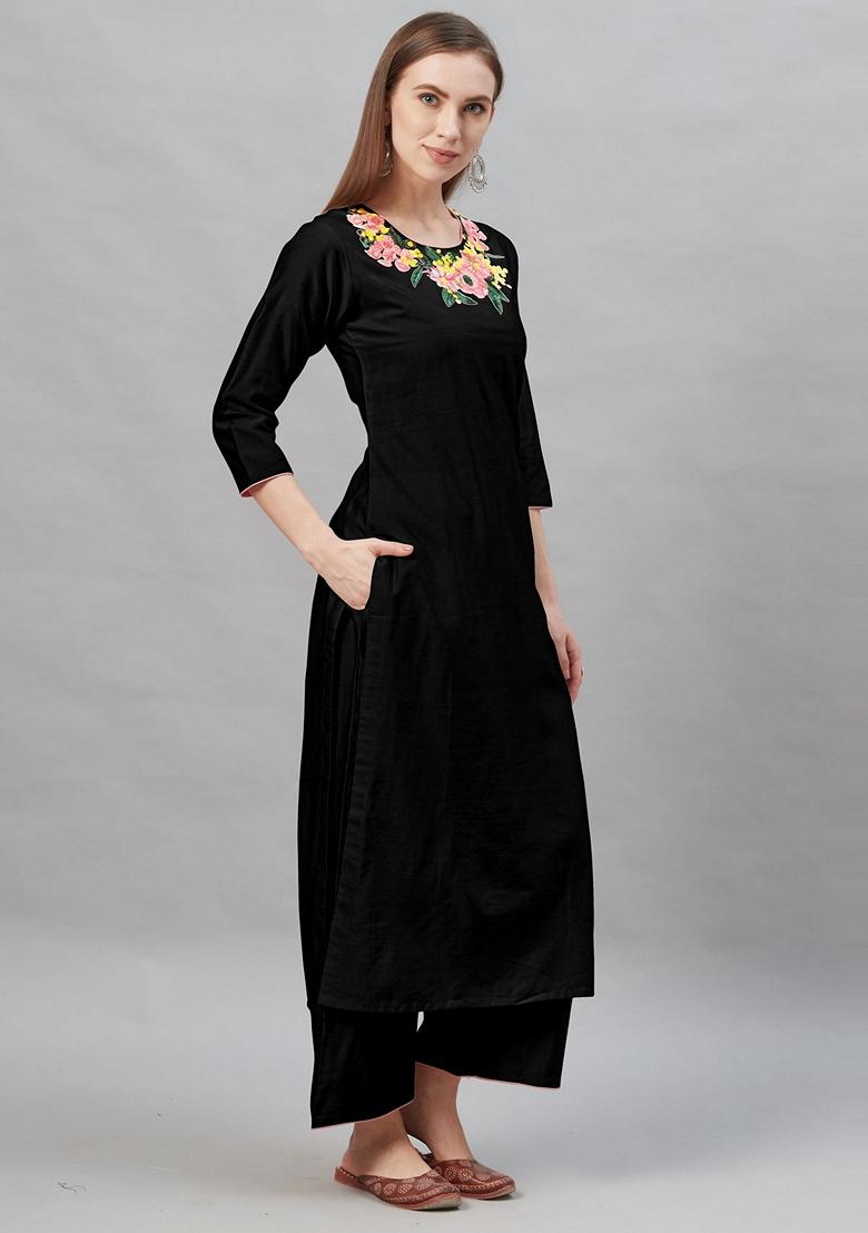 Black Embroidered Liva Palazzo Set With Dupatta