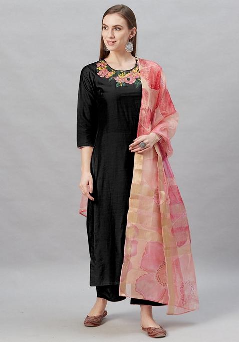 Black Embroidered Liva Palazzo Set With Dupatta